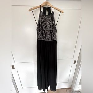 Black, sequined, open back, floor length Vera Wang dress